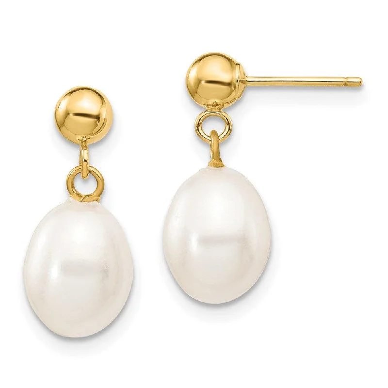 women’s pink gold earrings-14k 7-8mm White Rice Freshwater Cultured Pearl Dangle Post Earrings