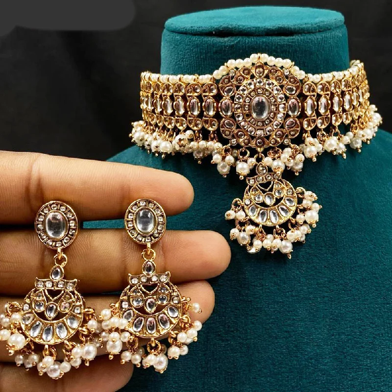 women’s custom necklaces-Royal Kundan Jewellery Gold Plated Kundan Stone And Pearls Choker Necklace Set