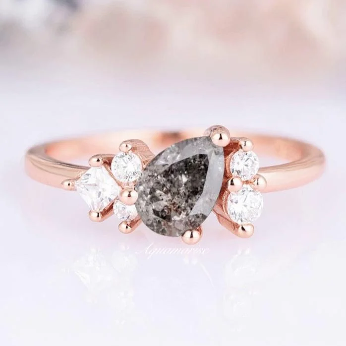 women’s oval sapphire engagement rings-Galaxy Raw Salt & Pepper (Herkimer) Diamond Ring- 14K Rose Gold Vermeil