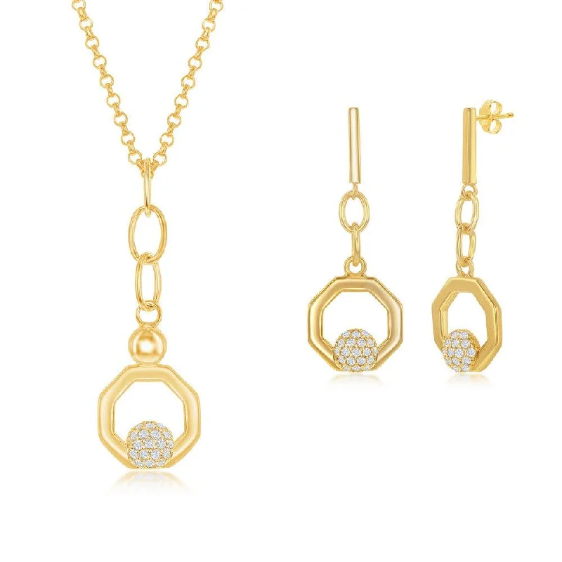 women’s moon earrings-Sterling Silver Round Micro Pave CZ Open Hexagon Pendant & Earrings Set With Chain - Gold Plated