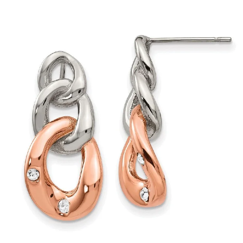 women’s luxury earrings-Stainless Steel Polished w/Rose IP Loop Crystal Dangle Post Earrings