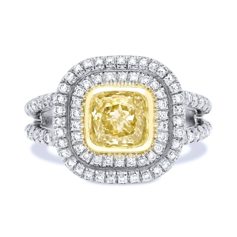 women’s boho rings-1.03 Carat Fancy Yellow Cushion Cut Diamond And Pave Diamond Gold Ring